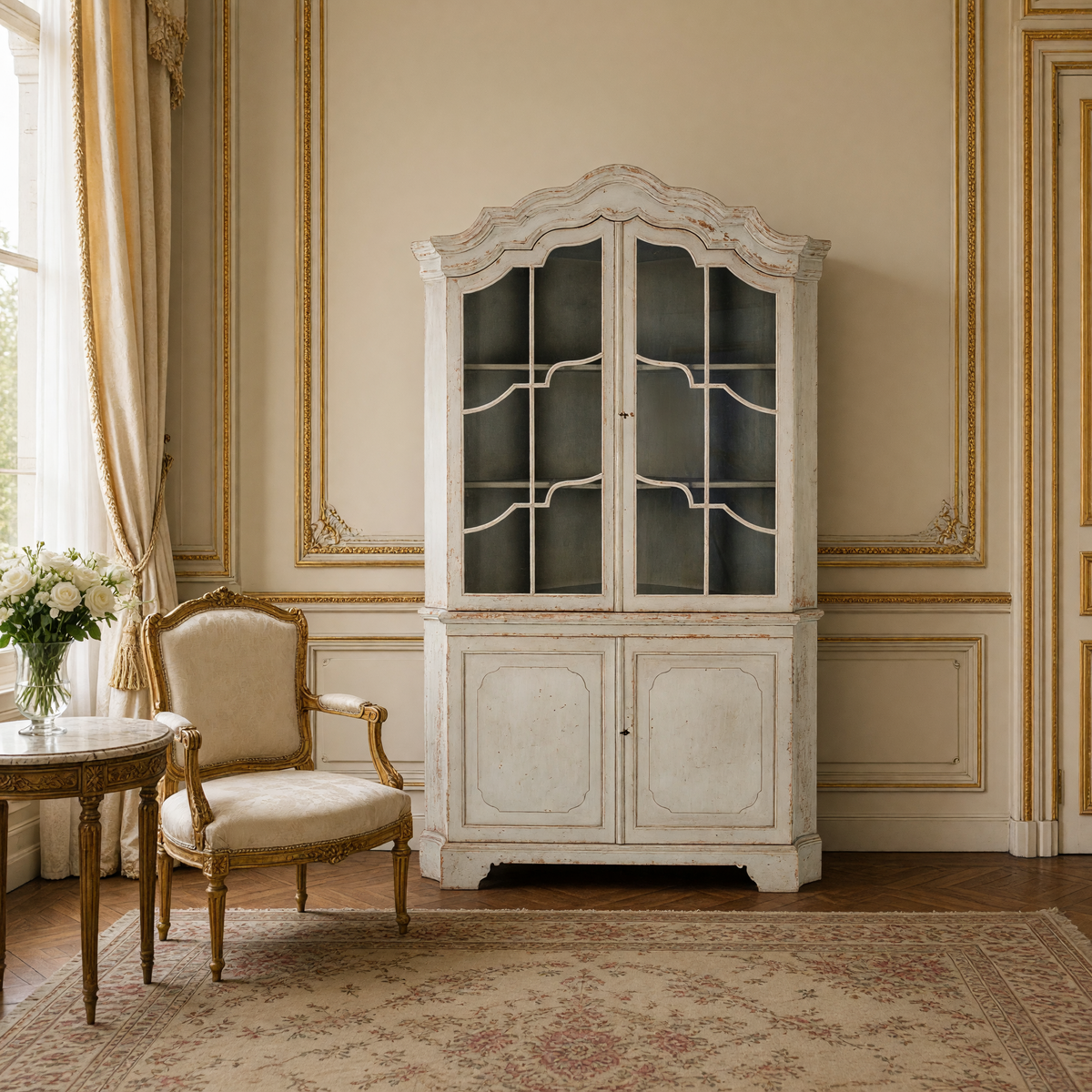 Dennis Painted Pine Corner Cabinet in Distressed Grey styled with a gilded bergere, a marble gueridon with white roses and an Aubusson carpet