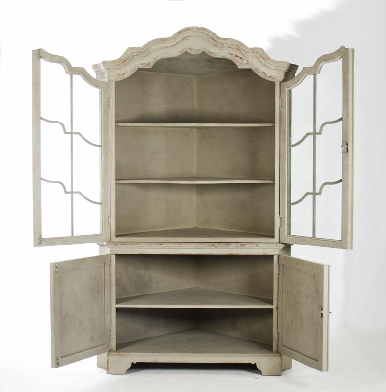 Dennis Painted Pine Corner Cabinet in Distressed Grey, studio photo 2 of 3 on a white background
