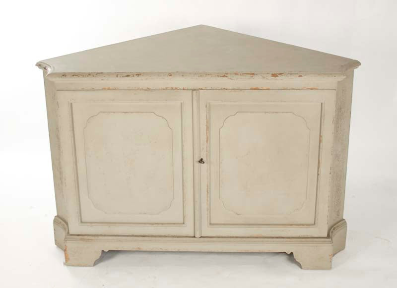 Dennis Painted Pine Corner Cabinet in Distressed Grey, studio photo 3 of 3 on a white background