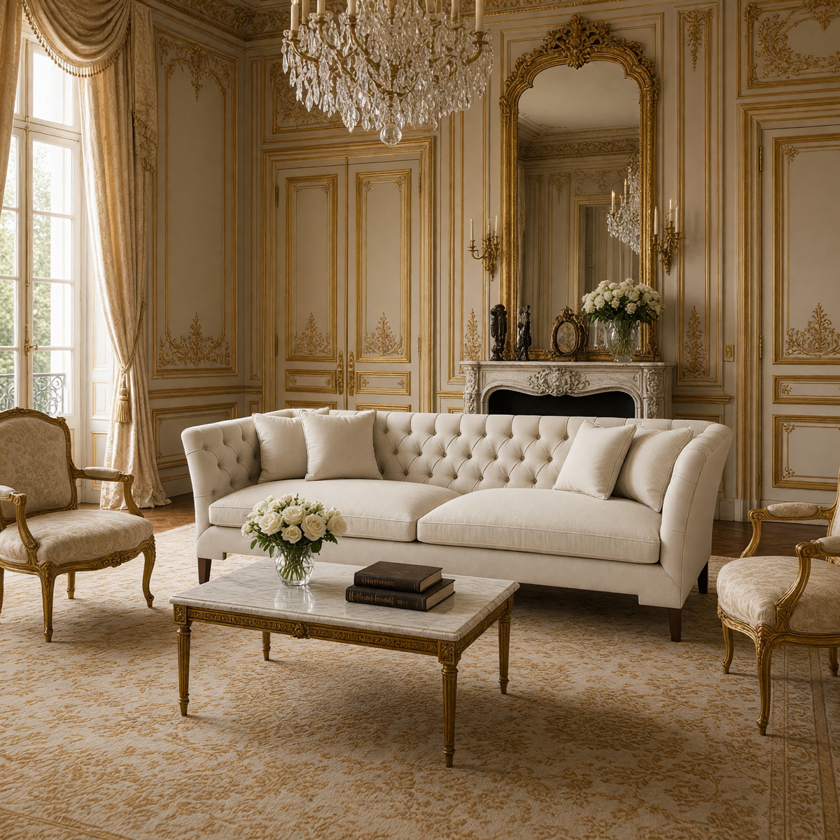 Eileen tufted sofa styled in a Louis XVI salon with gilded chairs and a marble table