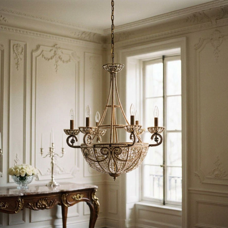 Elizabethan Renaissance K9 crystal chandelier in dark bronze hanging in a classic French paneled room
