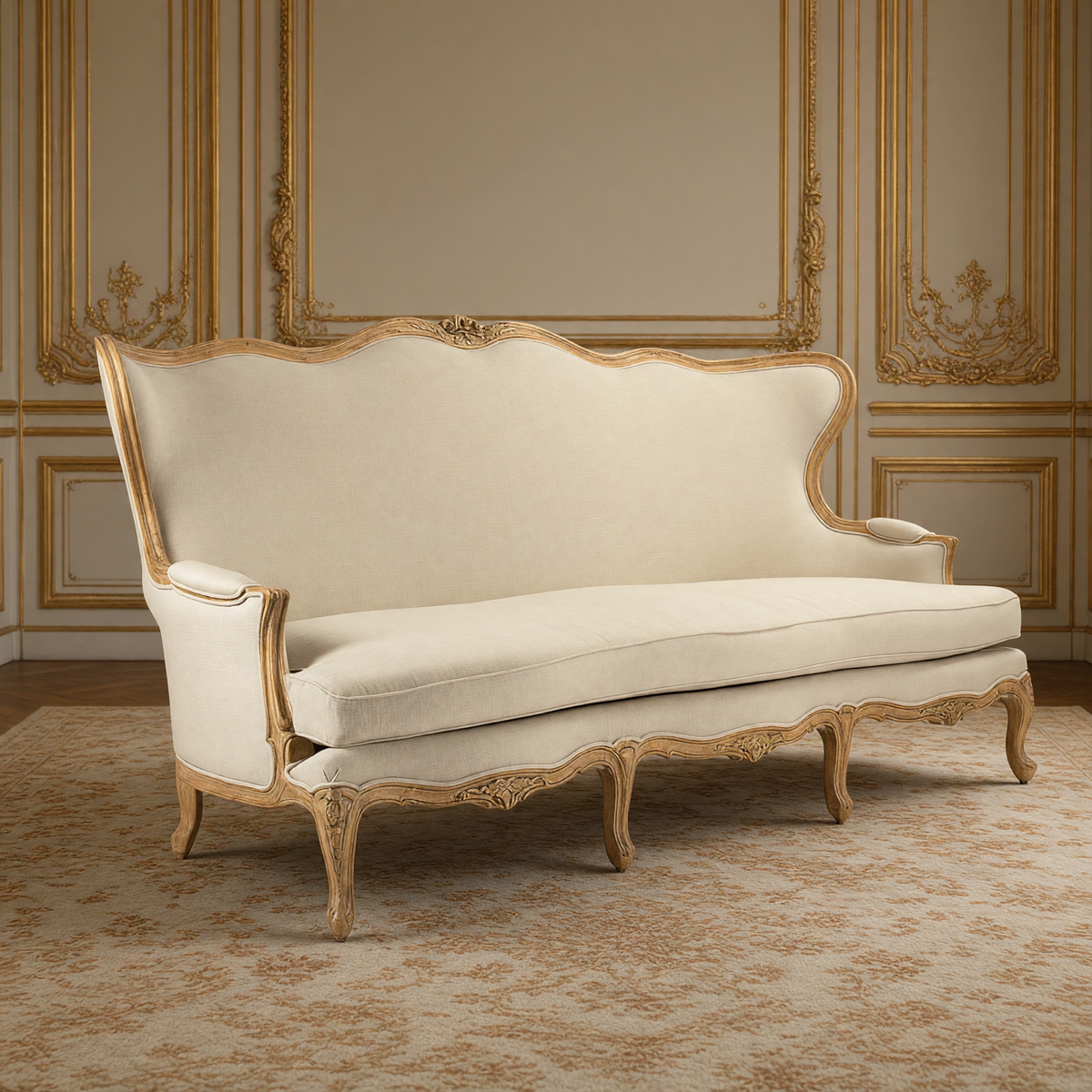 Eloy carved elm and linen sofa in a taupe and gold French boiserie salon