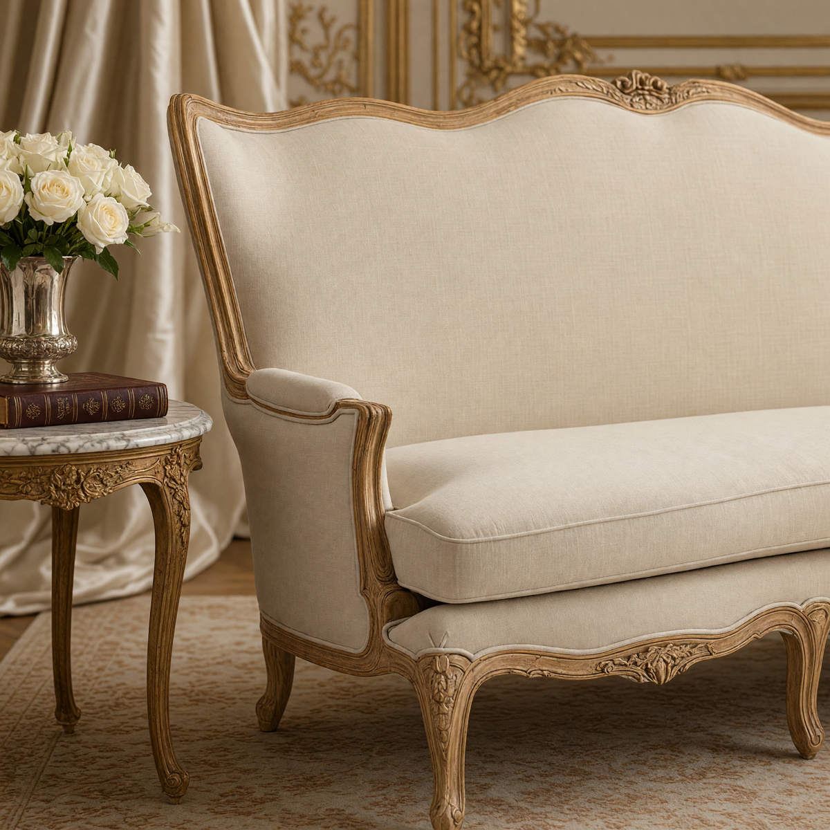 Close view of the carved elm arm and apron of the Eloy sofa
