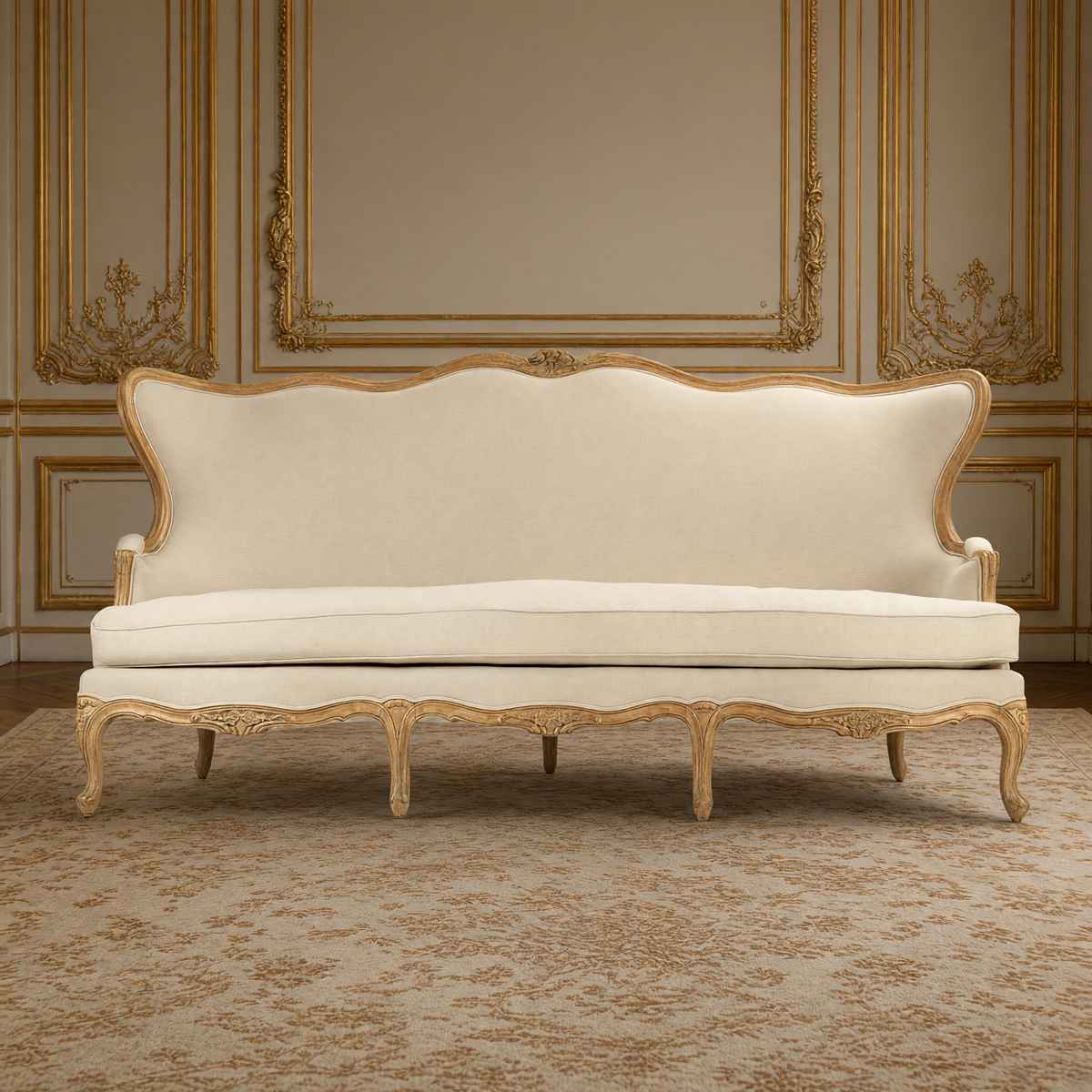 Front view of the Eloy carved elm and linen sofa
