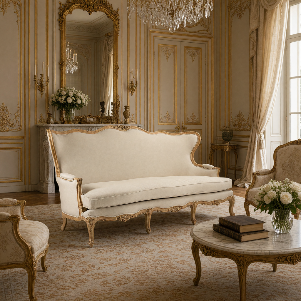 Eloy sofa styled in a Louis XV salon with gilded bergere chairs and a marble table