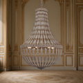Empire Beaded Iron Chandelier in weathered white, Large 6-light, hung unlit in a gilded Louis XVI salon