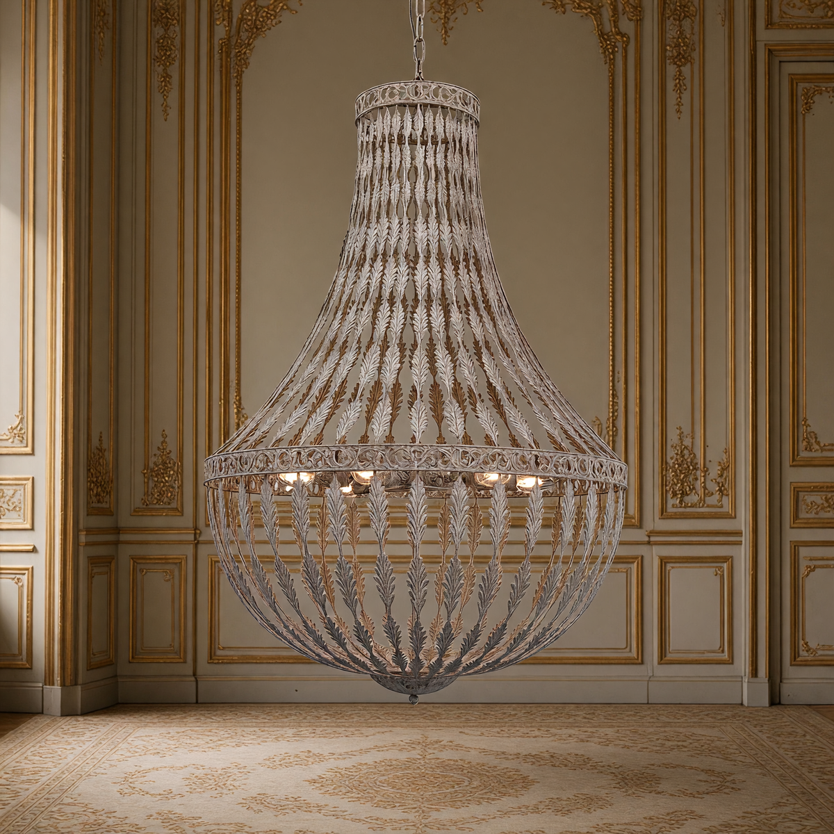 Empire Beaded Iron Chandelier in weathered white, Large 6-light, hung unlit in a gilded Louis XVI salon