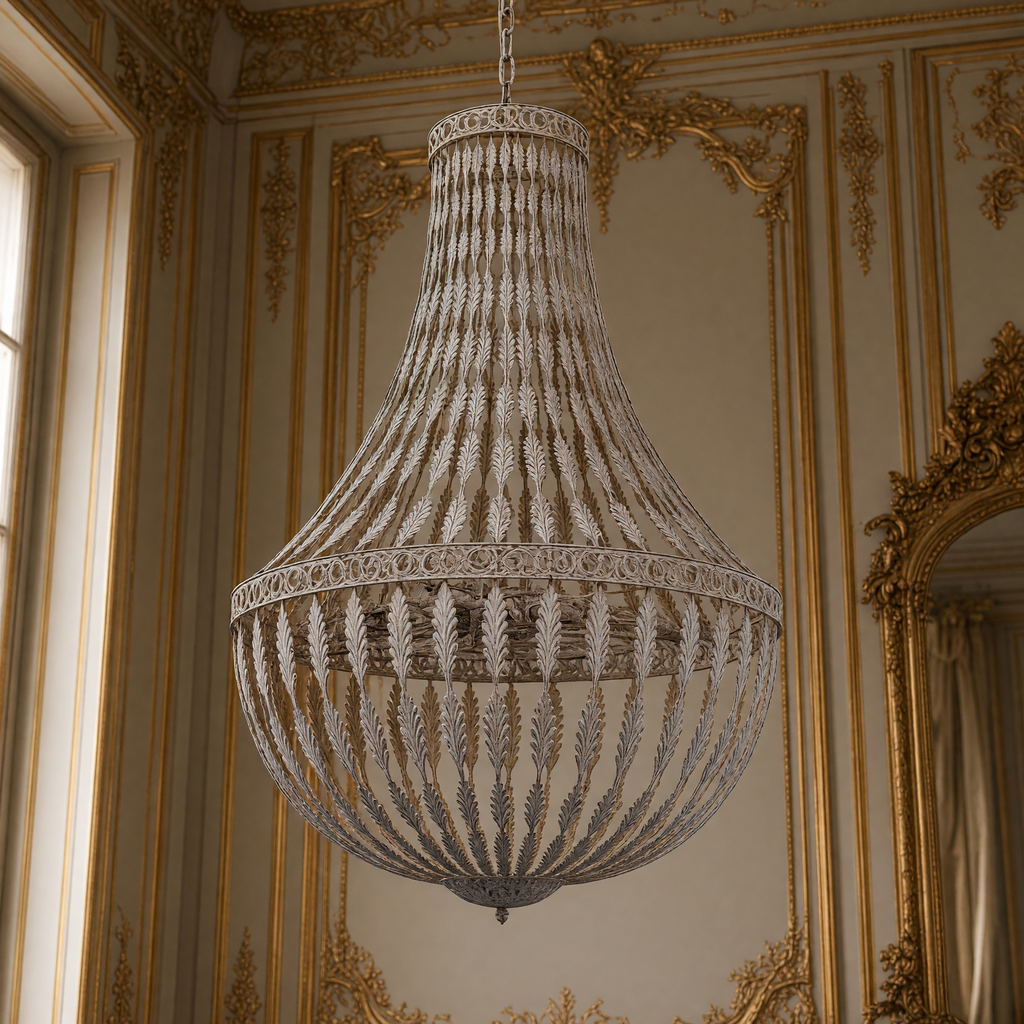 Close view of the pressed-iron leaf strands and weathered finish of the Empire Beaded Iron Chandelier, Large