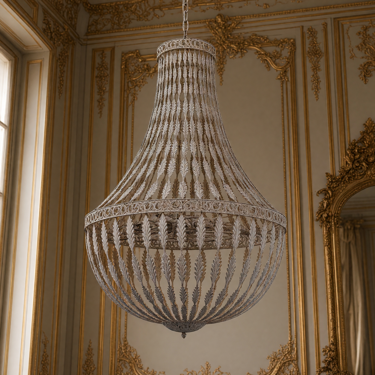 Close view of the pressed-iron leaf strands and weathered finish of the Empire Beaded Iron Chandelier, Large