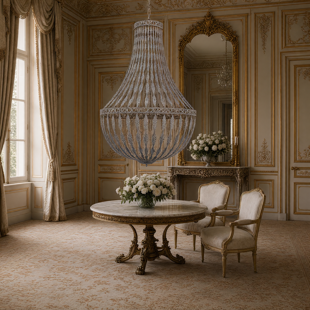 Empire Beaded Iron Chandelier, Large, hung over a marble table in a French salon with bergere chairs