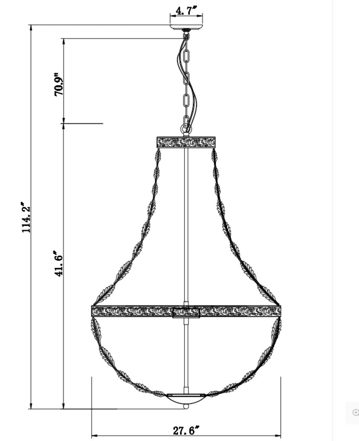 Empire Beaded Iron Chandelier, Large, studio photo 3 of 3 on a white background, dimension drawing