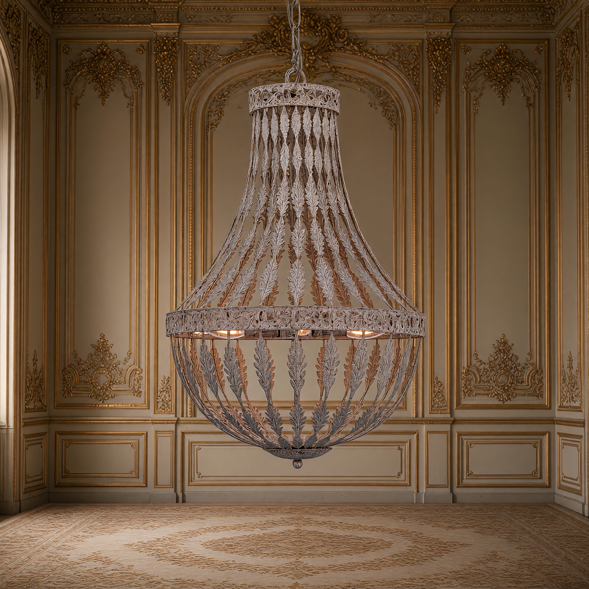 Empire Beaded Iron Chandelier in weathered white, Small 4-light, hung unlit in a gilded Louis XVI salon