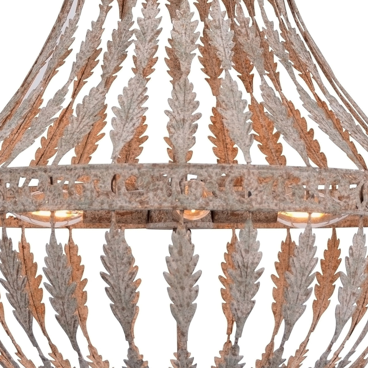Empire Beaded Iron Chandelier, Small, studio photo 2 of 3 on a white background, close view of the iron leaves