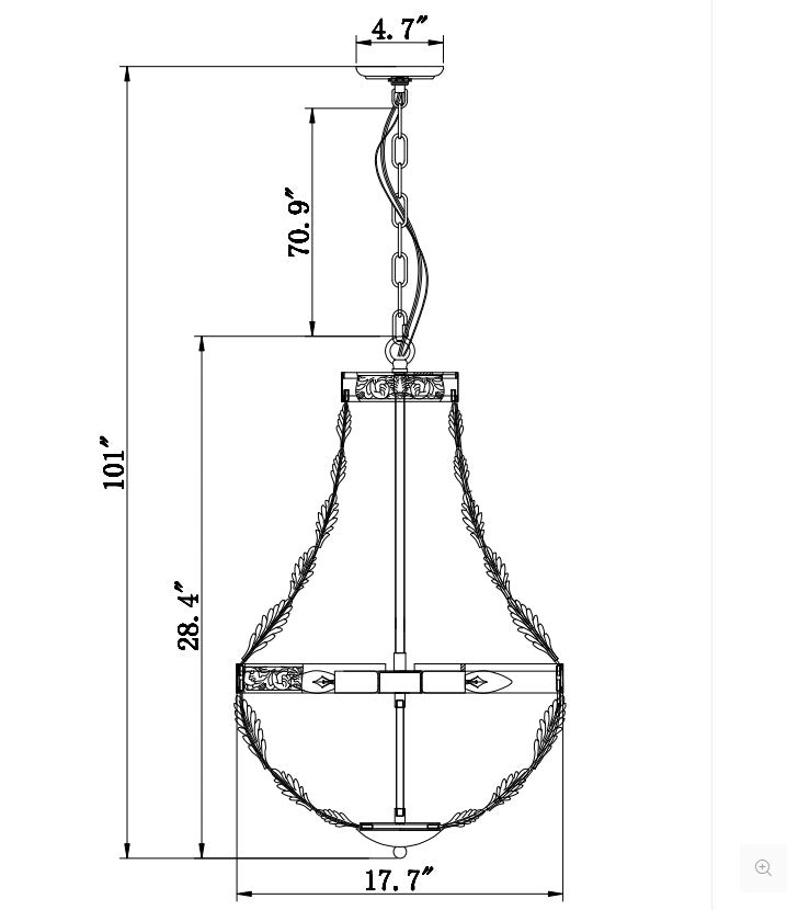 Empire Beaded Iron Chandelier, Small, studio photo 3 of 3 on a white background, dimension drawing