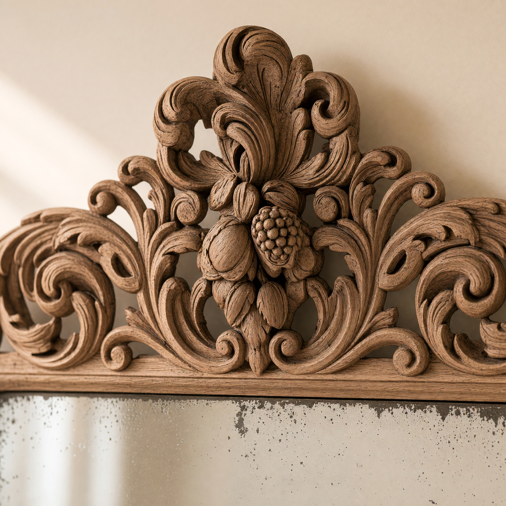 Close view of the carved crest of leaves and fruit of the Estelle French carved walnut wall mirror in natural walnut