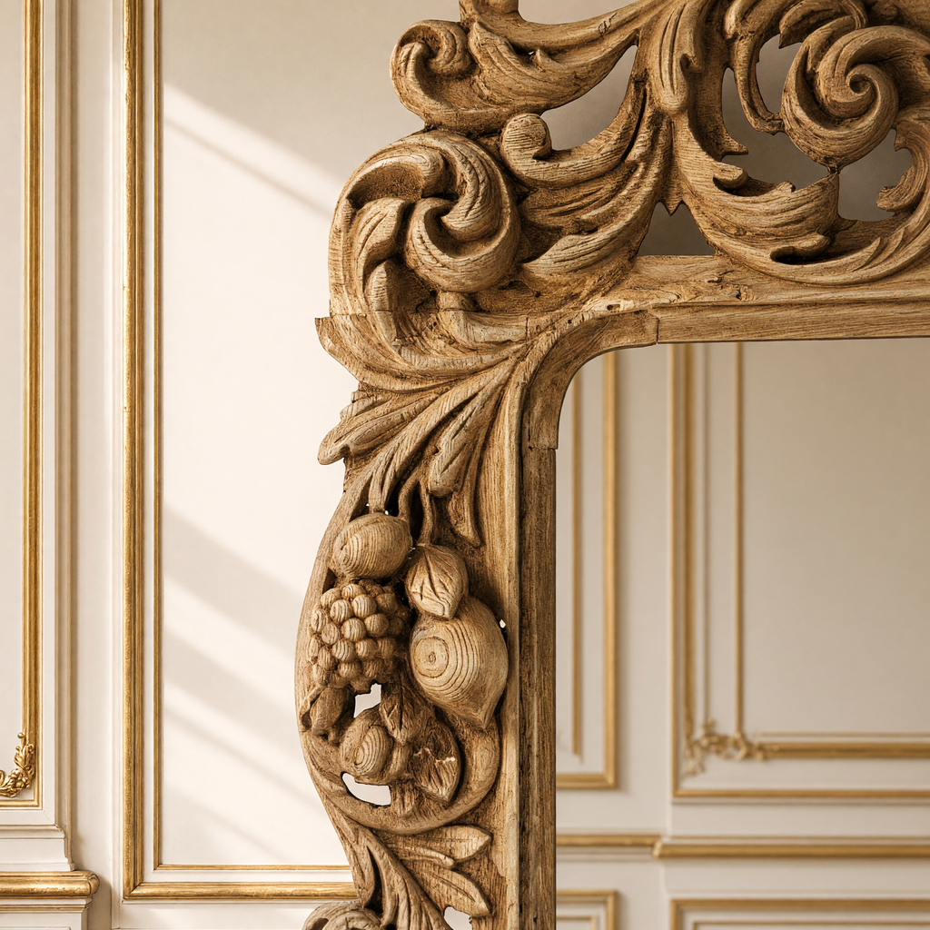 Detail of the carved upper corner with fruit of the Estelle French carved walnut wall mirror in natural walnut