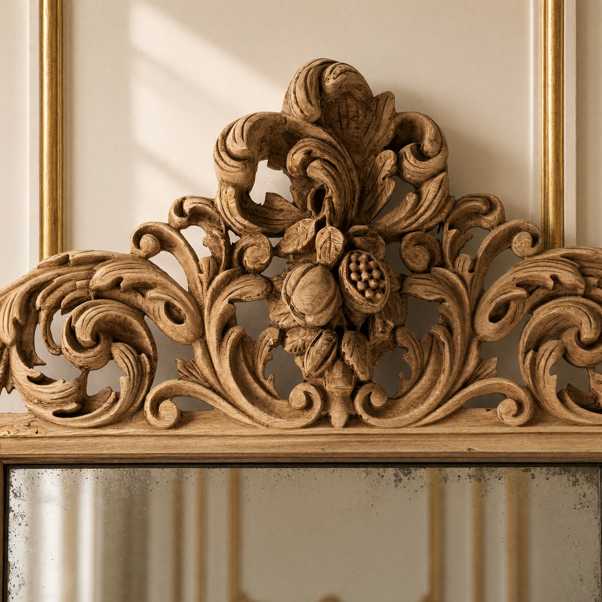 Detail of the carved walnut crest of the Estelle French carved walnut wall mirror in natural walnut
