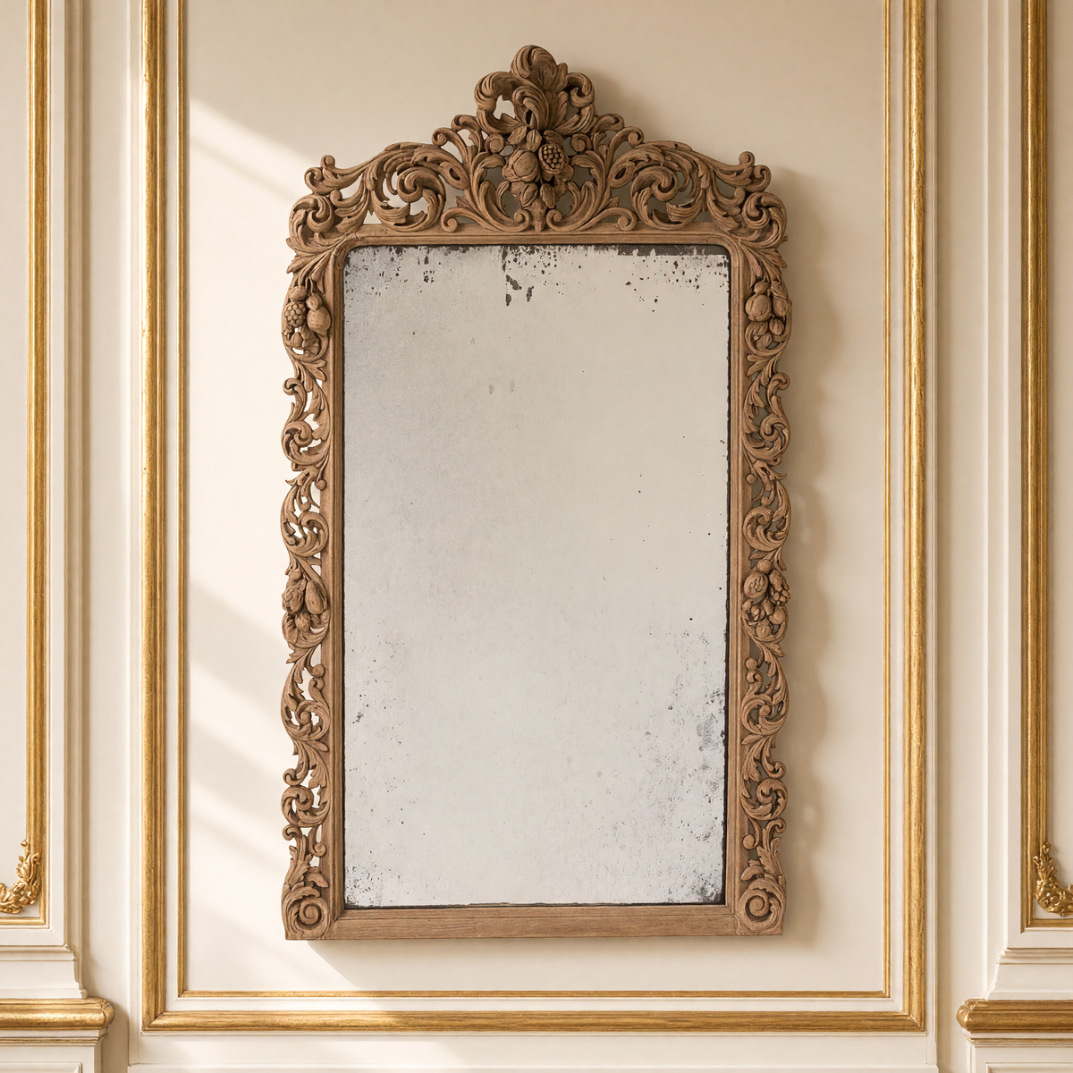 Estelle French carved walnut wall mirror in natural walnut, hanging in a warm ivory Louis XVI boiserie salon