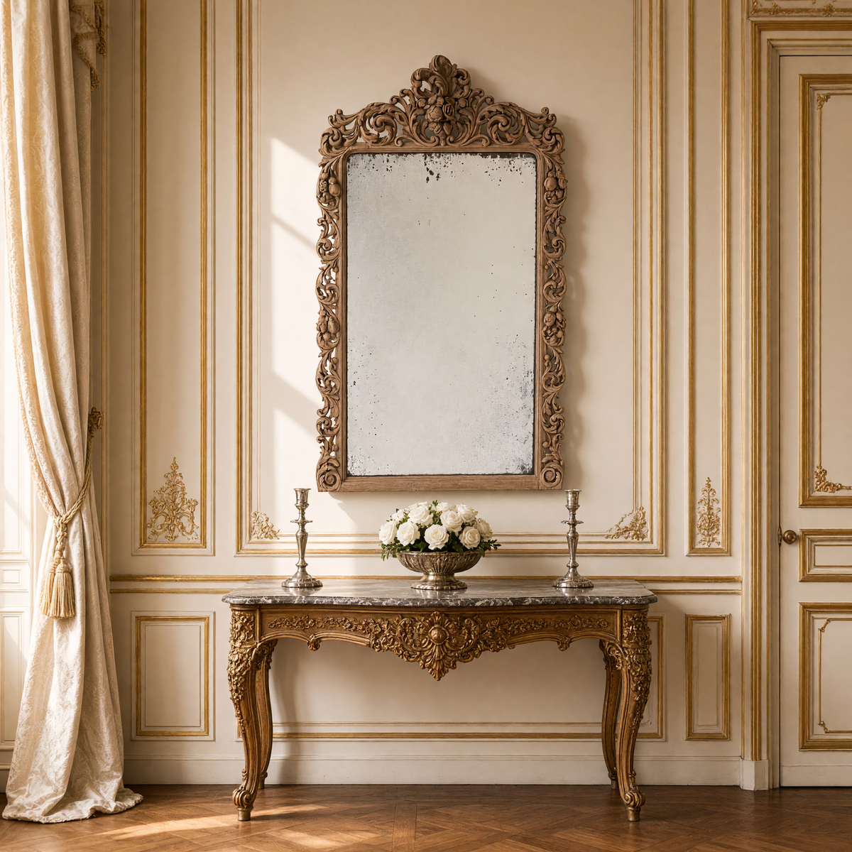 Estelle French carved walnut wall mirror in natural walnut, styled above a marble-top console with candlesticks and white roses