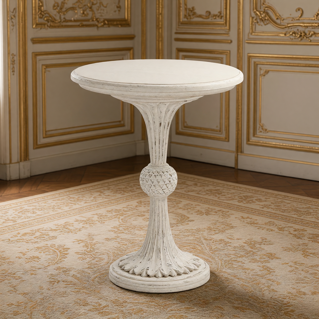 Fabiola French Carved Wood Pedestal Side Table in Cream in a gilded French salon