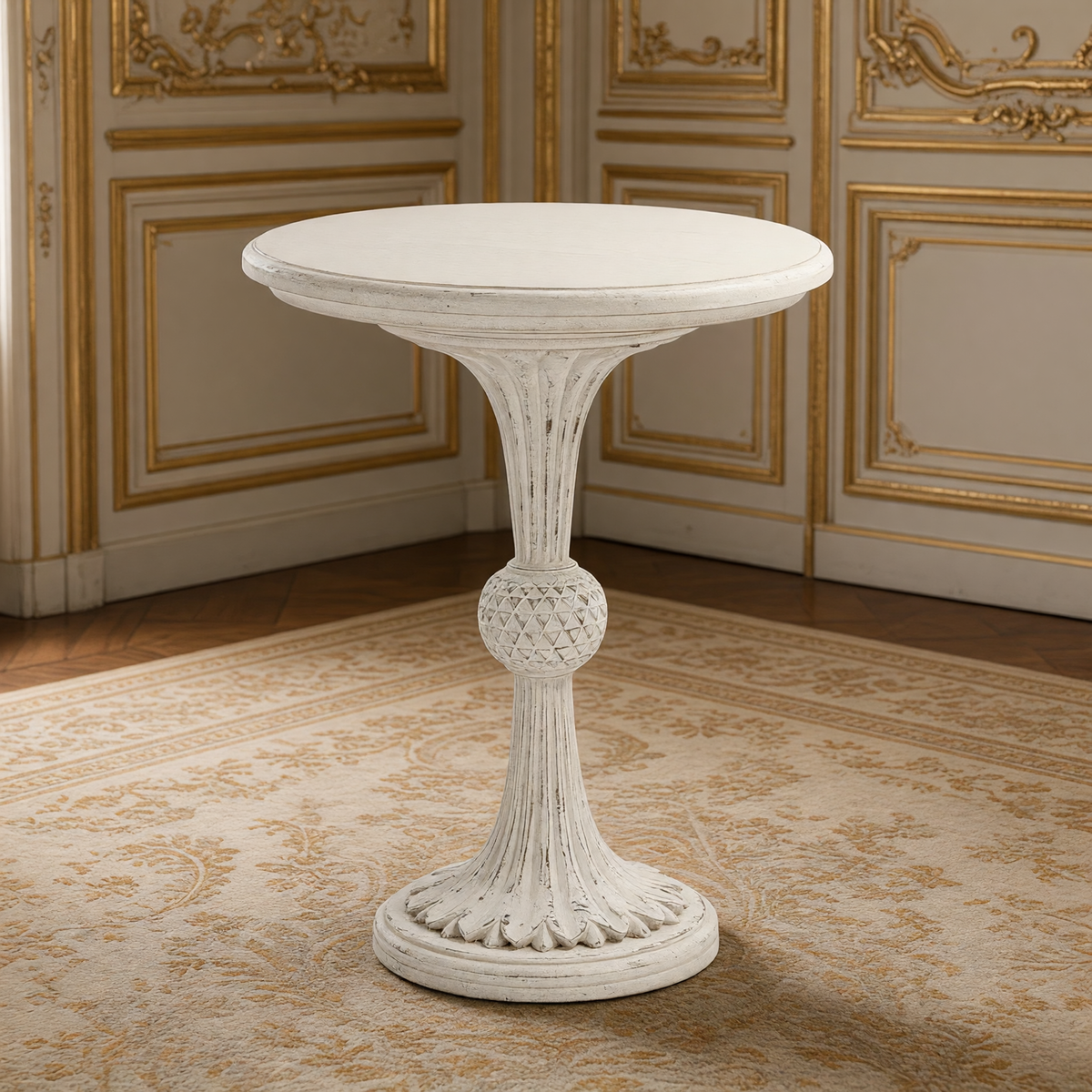 Fabiola French Carved Wood Pedestal Side Table in Cream in a gilded French salon