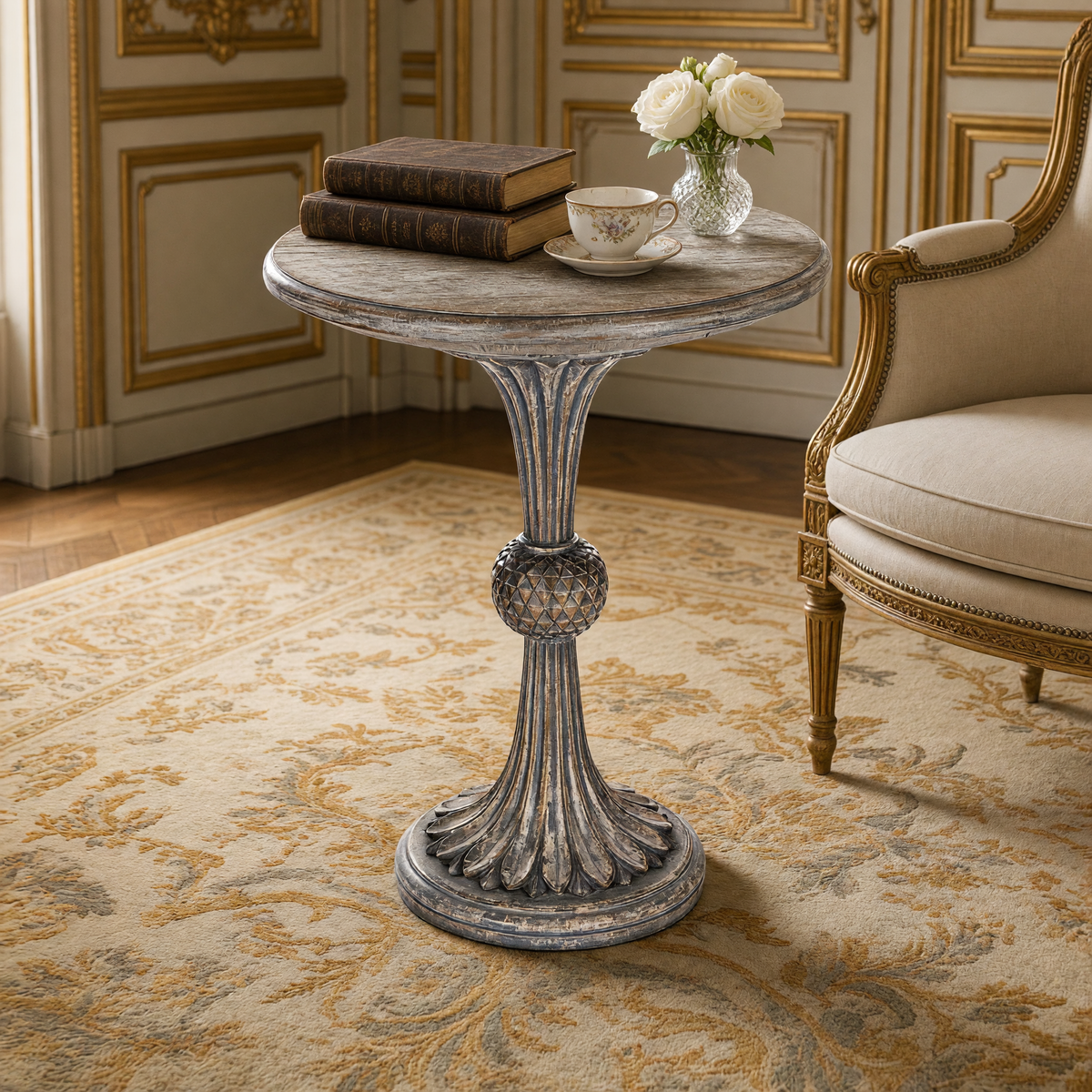 Close view of the carved knop and fluted column of the Fabiola Side Table in Weathered Grey Birch