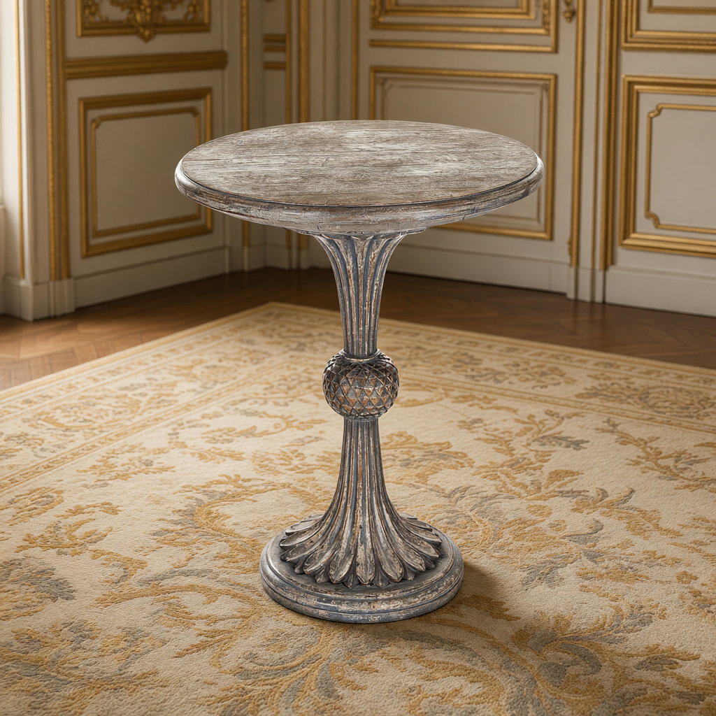 Fabiola French Carved Wood Pedestal Side Table in Weathered Grey Birch in a gilded French salon