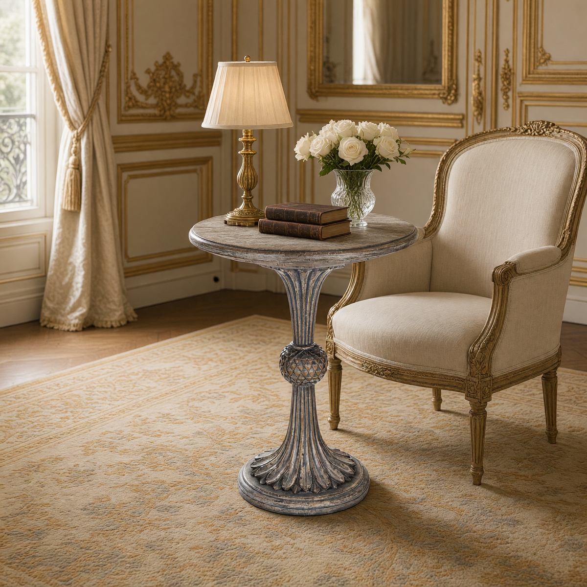 Fabiola Side Table in Weathered Grey Birch styled beside a linen bergère in a French salon