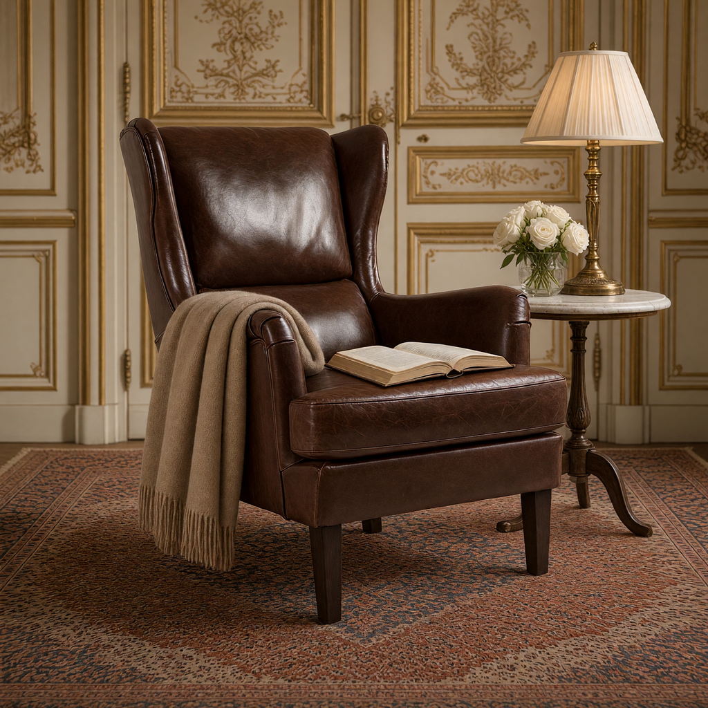 Detail of the Felicie wingback chair with leather texture and scrolled arm