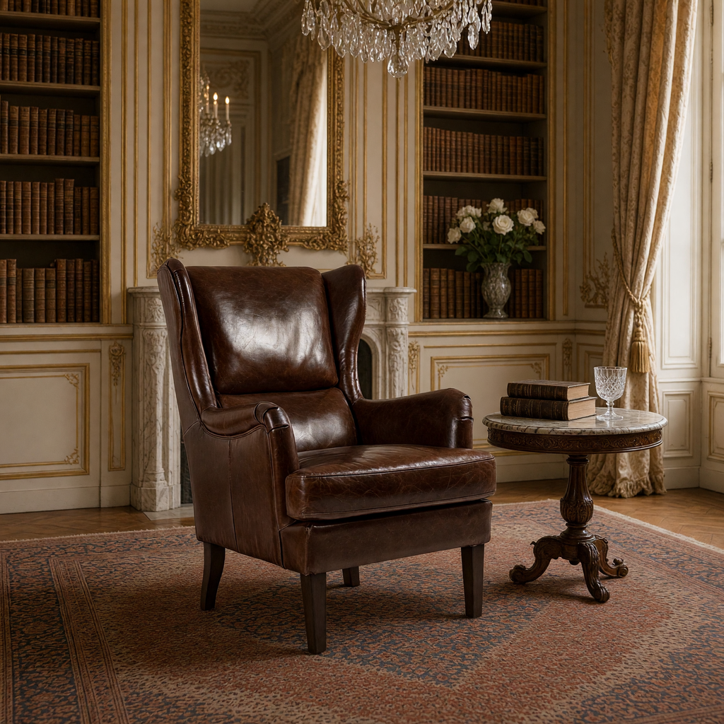 Felicie leather wingback chair styled in a French library salon