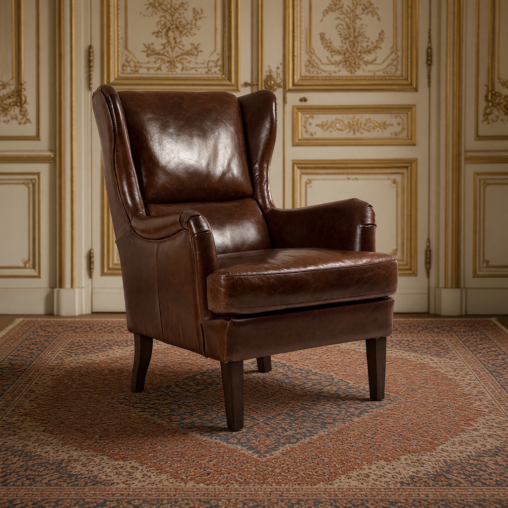Felicie leather wingback chair in warm brown in a gilded ivory French salon