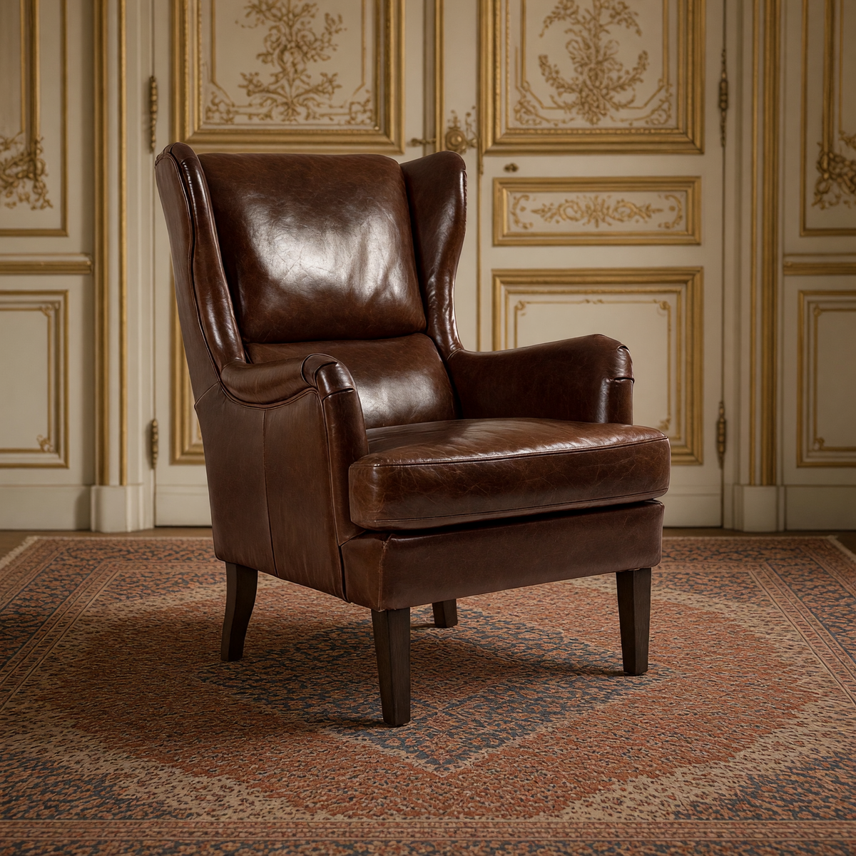 Felicie leather wingback chair in warm brown in a gilded ivory French salon
