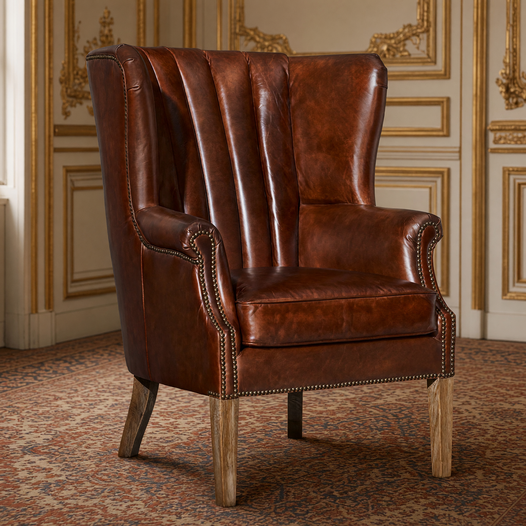 George channelled leather wingback chair in Newark Brown in a gilded ivory French salon