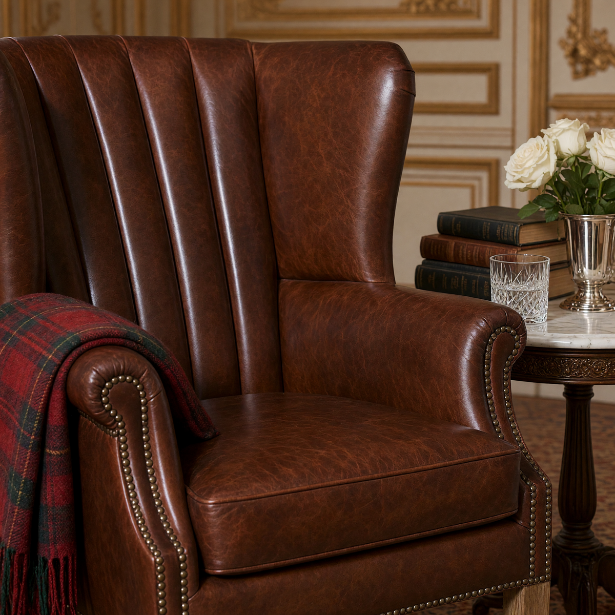 Detail of the George wingback chair with channelled back and nailhead trim