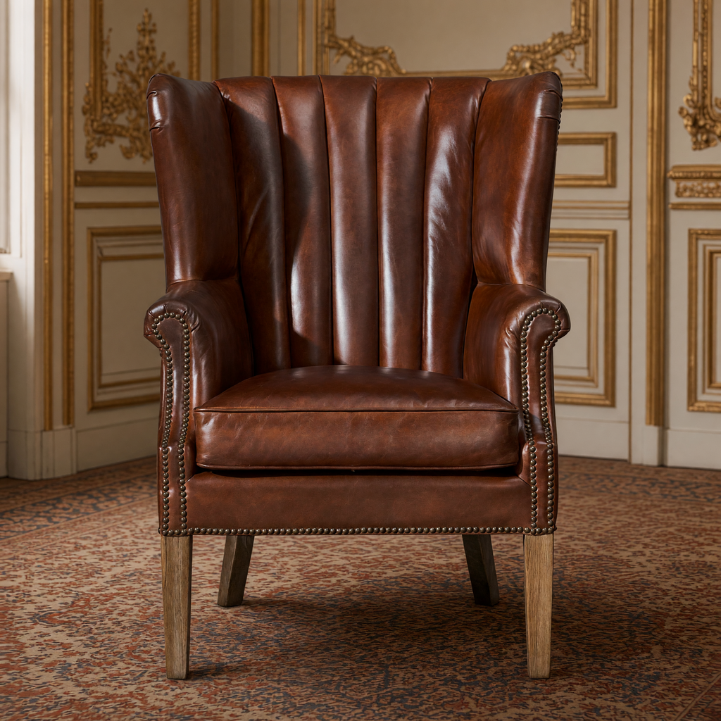 George leather wingback chair, front view