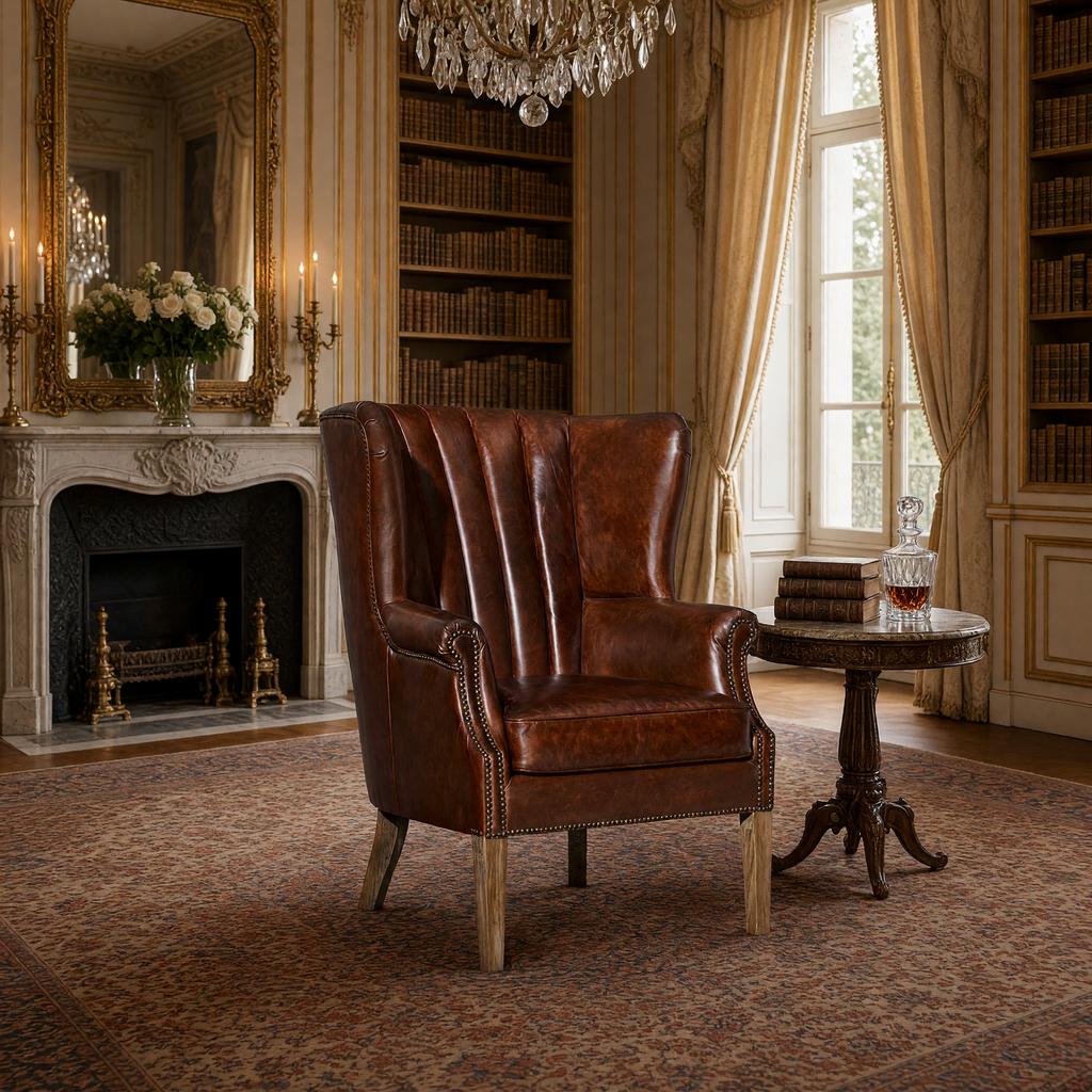 George leather wingback chair styled beside a fireplace in a French library