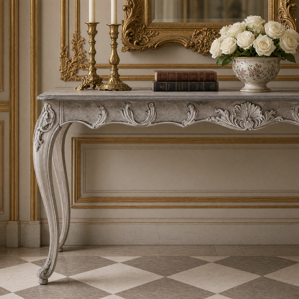 Detail of the Gerome console carved apron and cabriole leg