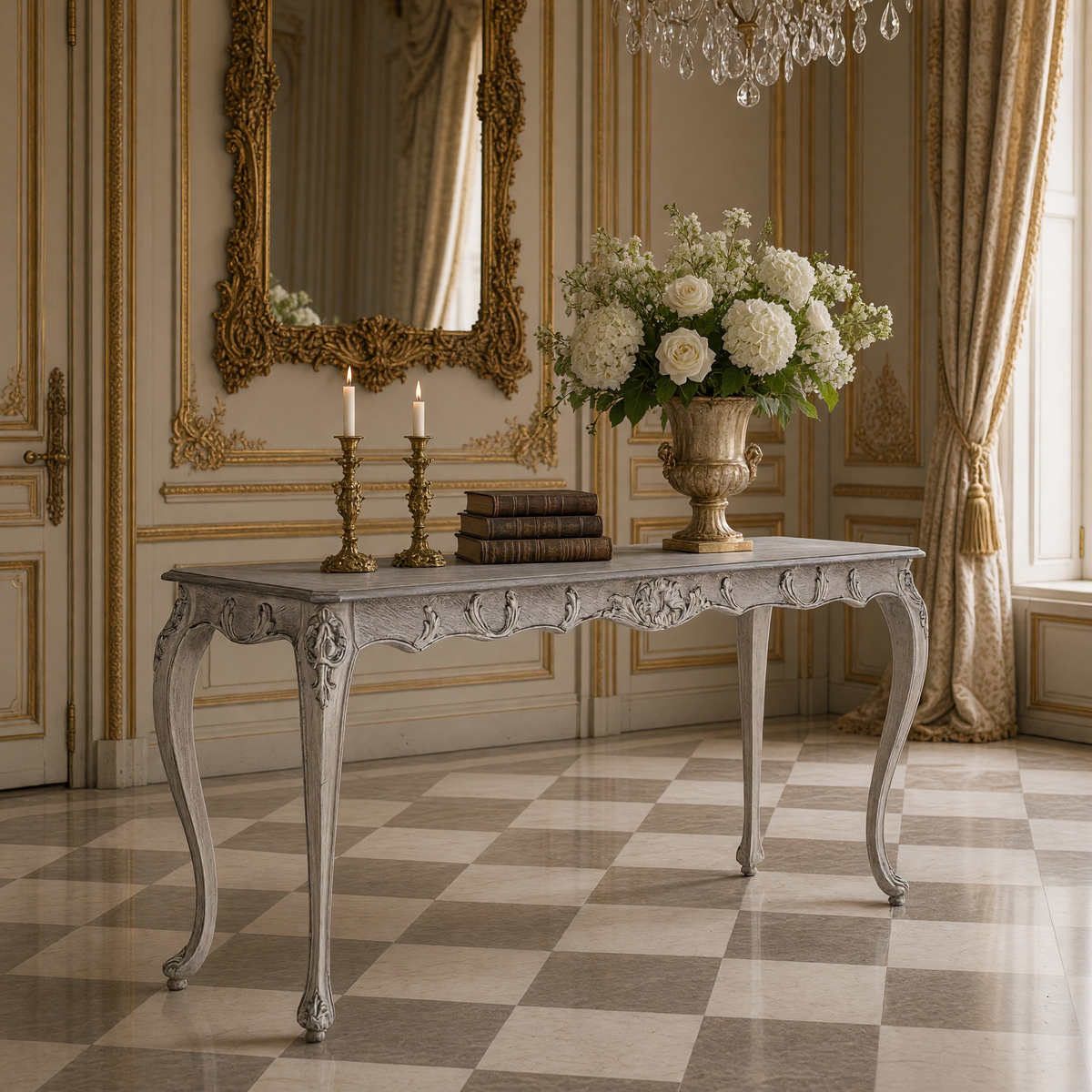 Gerome console styled with a gilded mirror, candlesticks and white flowers in a French hall