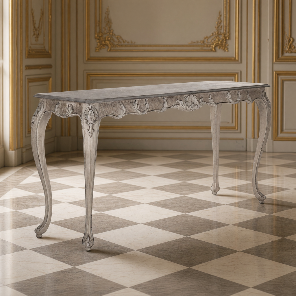 Gerome carved French console table in weathered grey on a marble checkerboard floor