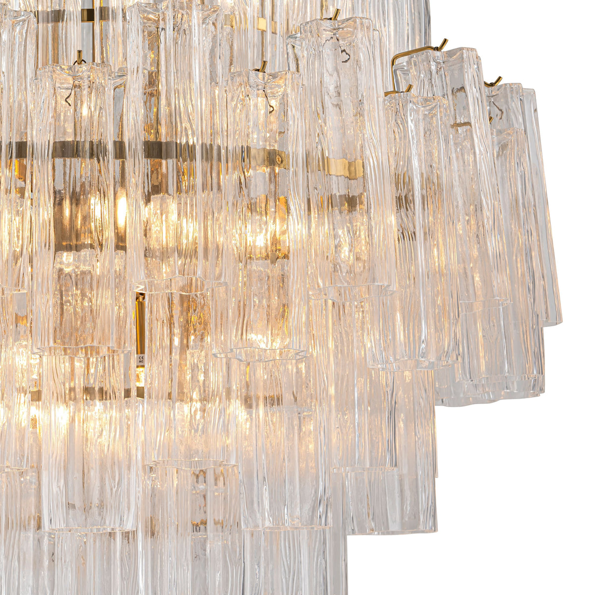 Close-up of the layered clear glass rods and metal rings of the Glacier Drop Chandelier