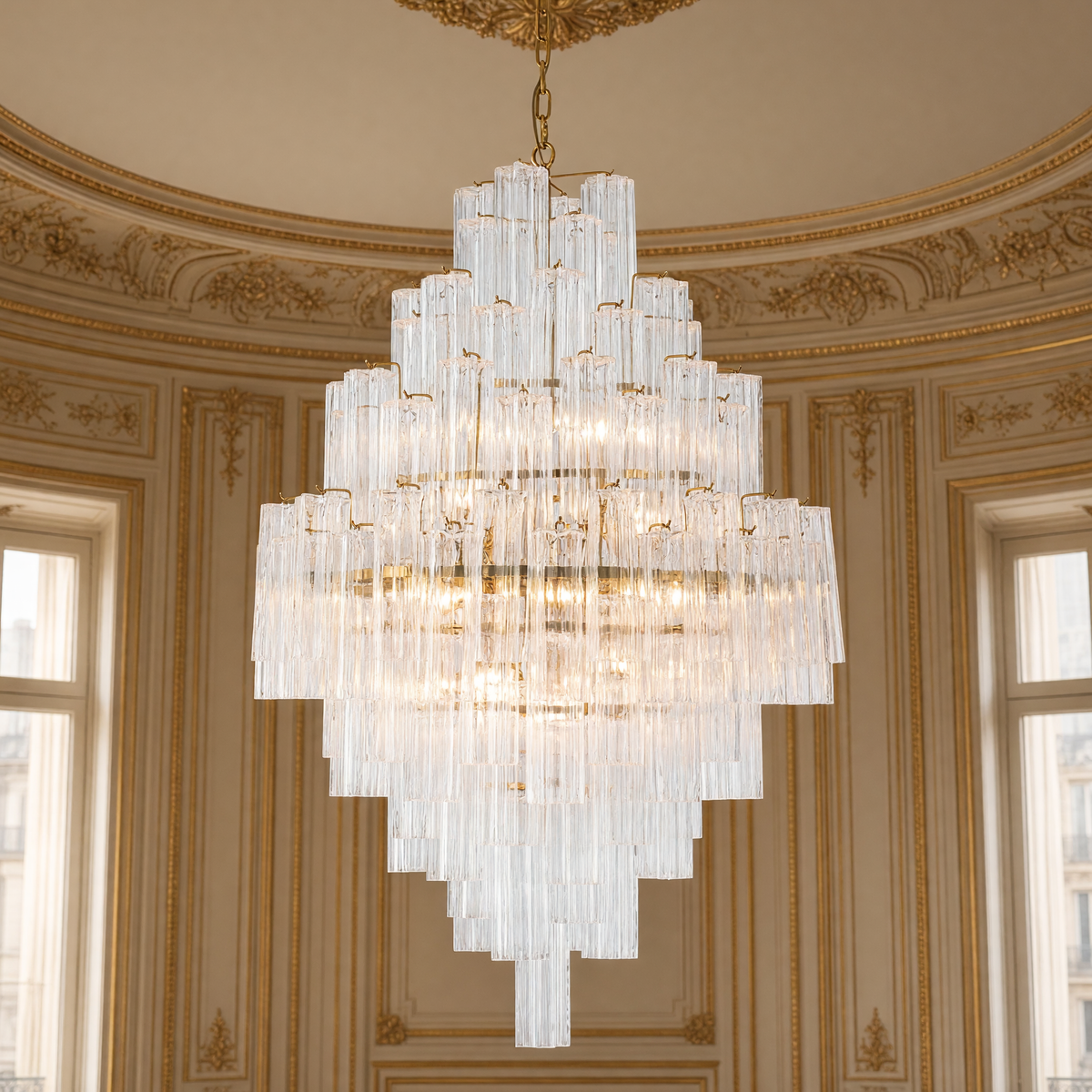 Glacier Drop chandelier glowing beneath a gilded ceiling in a Louis XVI salon