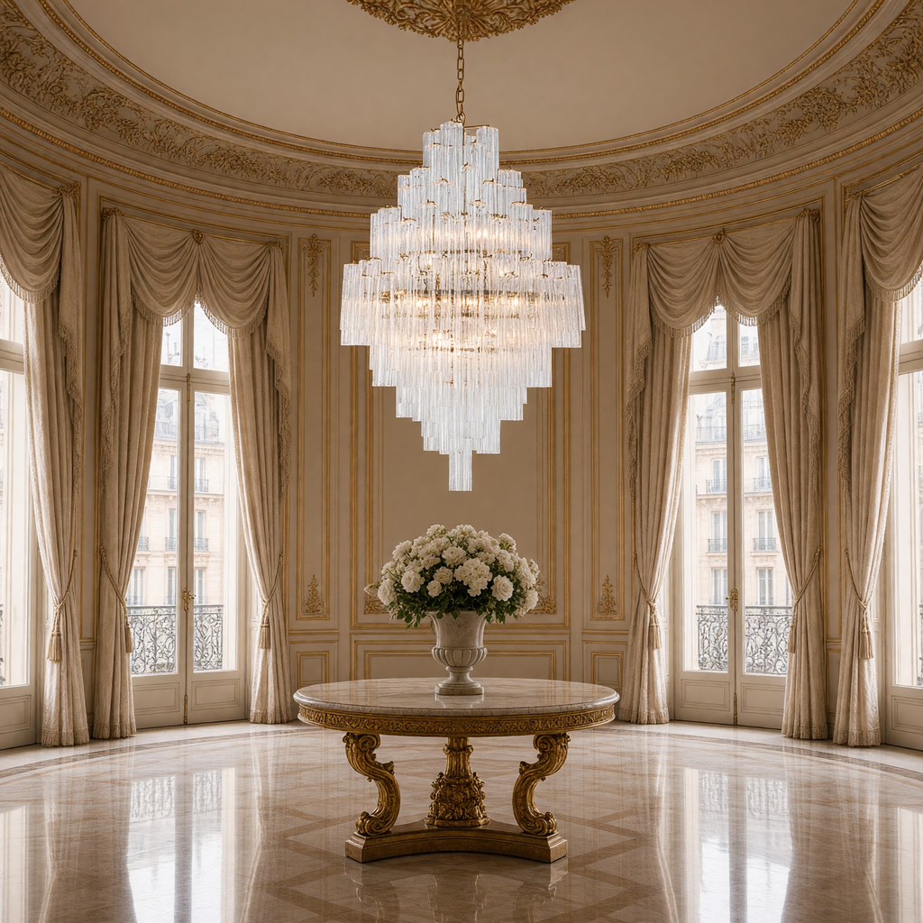 Glacier Drop chandelier lit above a marble center table with white roses in a rotunda salon