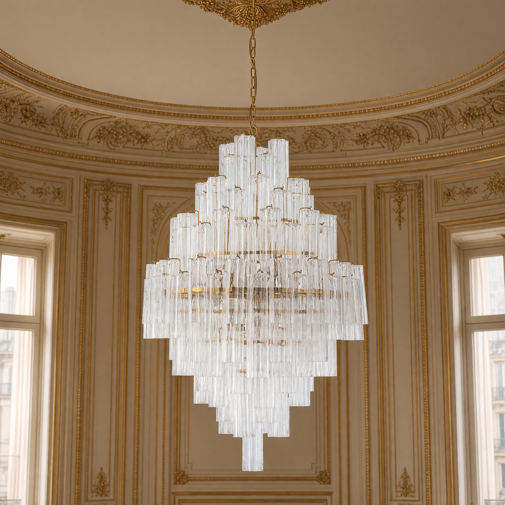 Glacier Drop chandelier unlit, showing its clear glass rods against ivory and gold boiserie