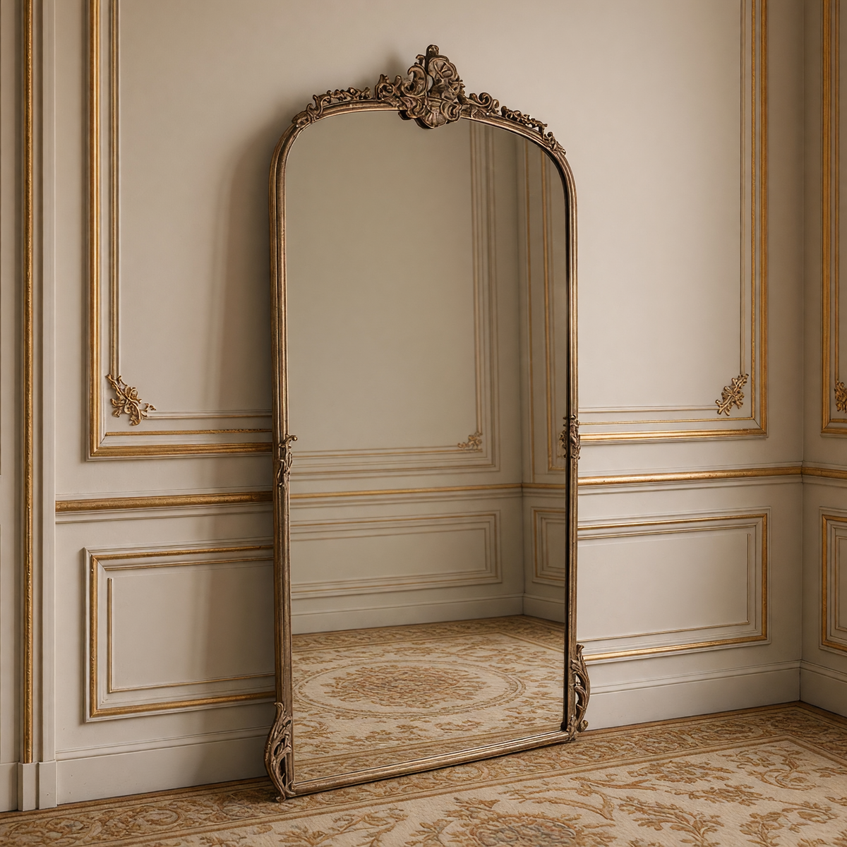 Godric French gilded metal arch floor mirror, standing on an antique Aubusson carpet against a soft greige Louis XVI boiserie wall