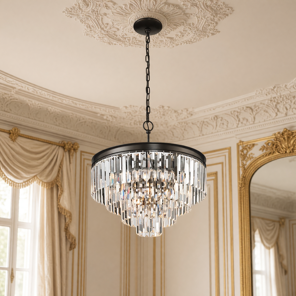 Palacial Cascading 20 inch K9 crystal chandelier in oil-rubbed bronze in an ivory and gold French salon