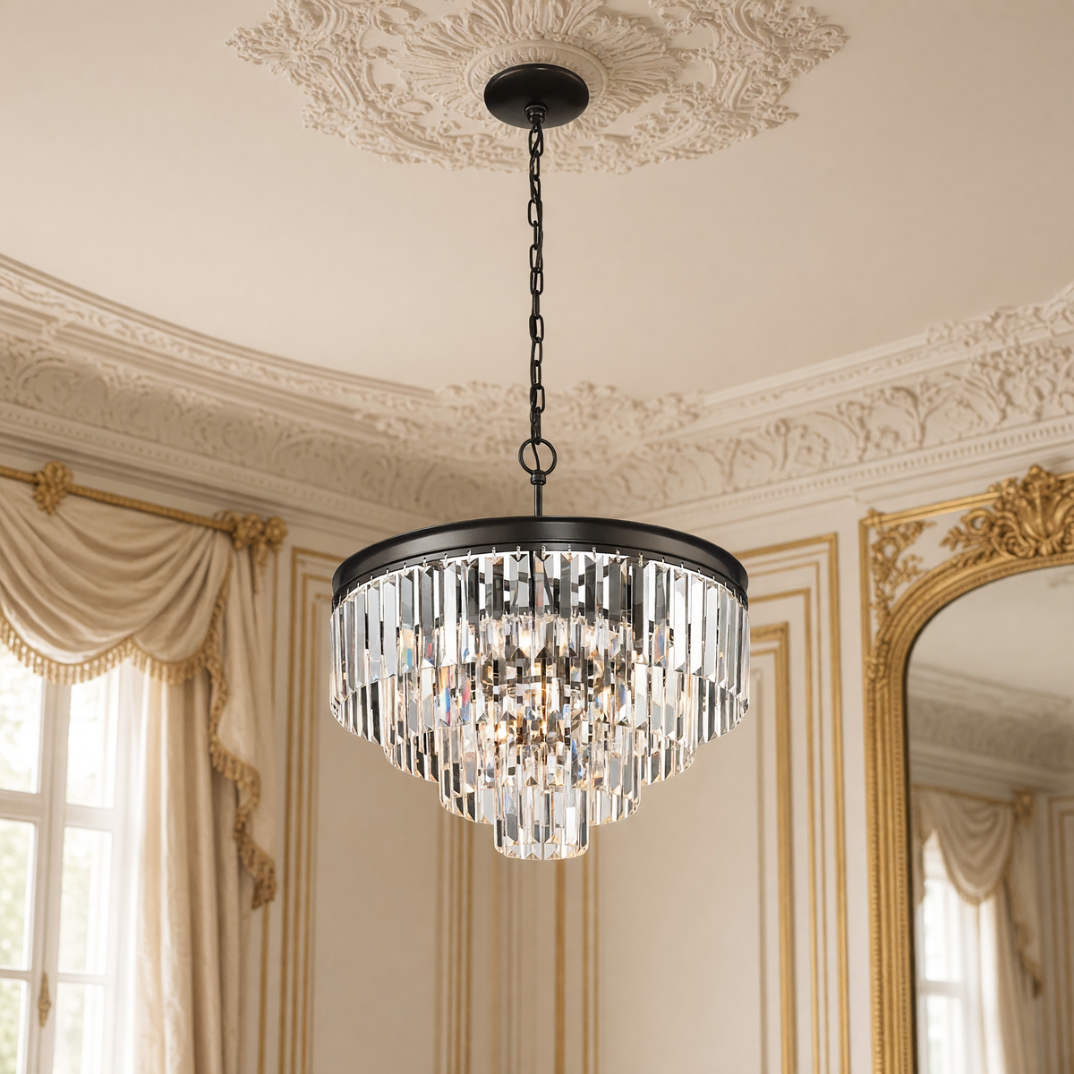 Palacial Cascading 20 inch K9 crystal chandelier in oil-rubbed bronze in an ivory and gold French salon