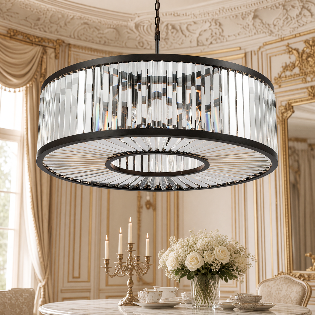 Close view of the Palacial drum chandelier crystals above a table set with silver and white roses