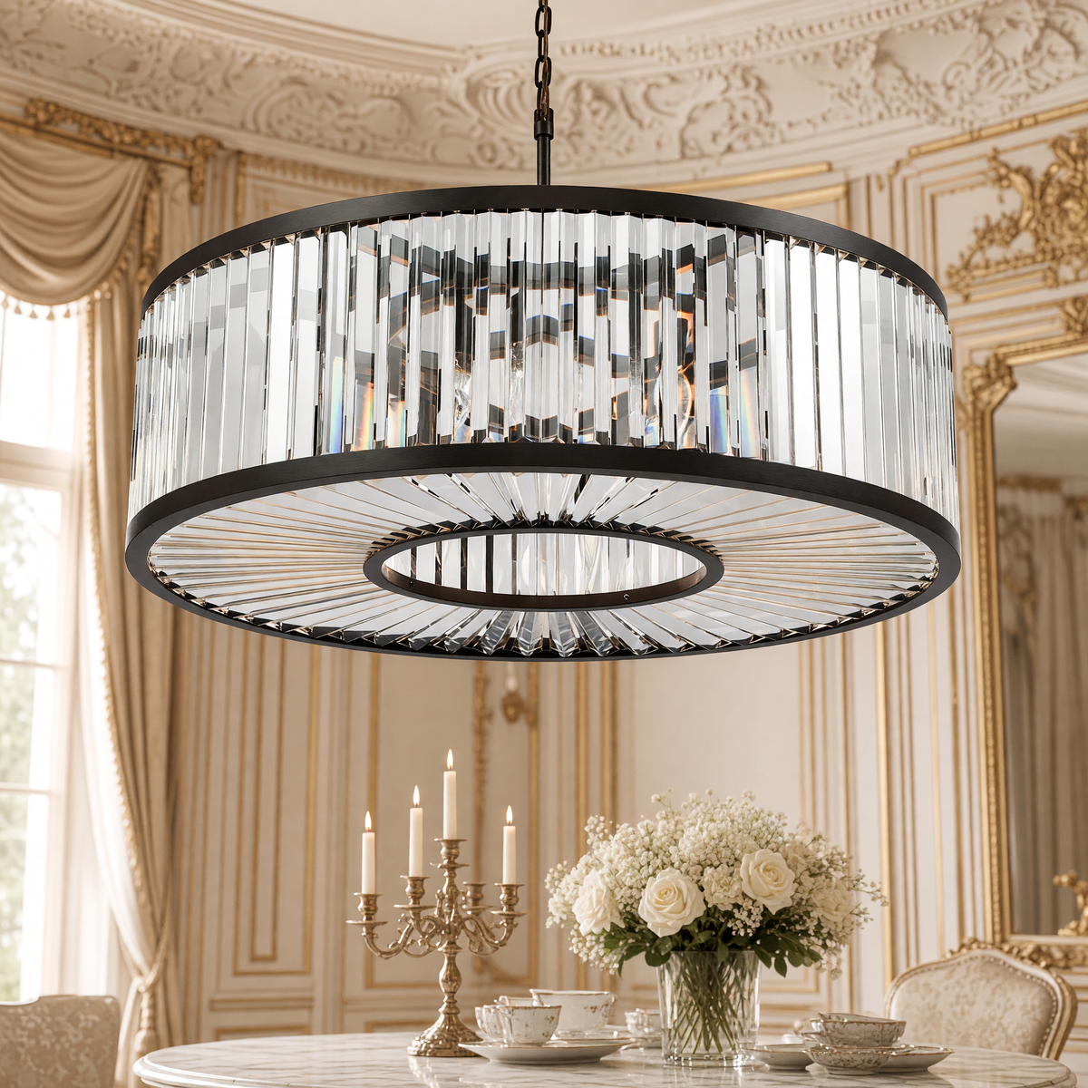 Close view of the Palacial drum chandelier crystals above a table set with silver and white roses