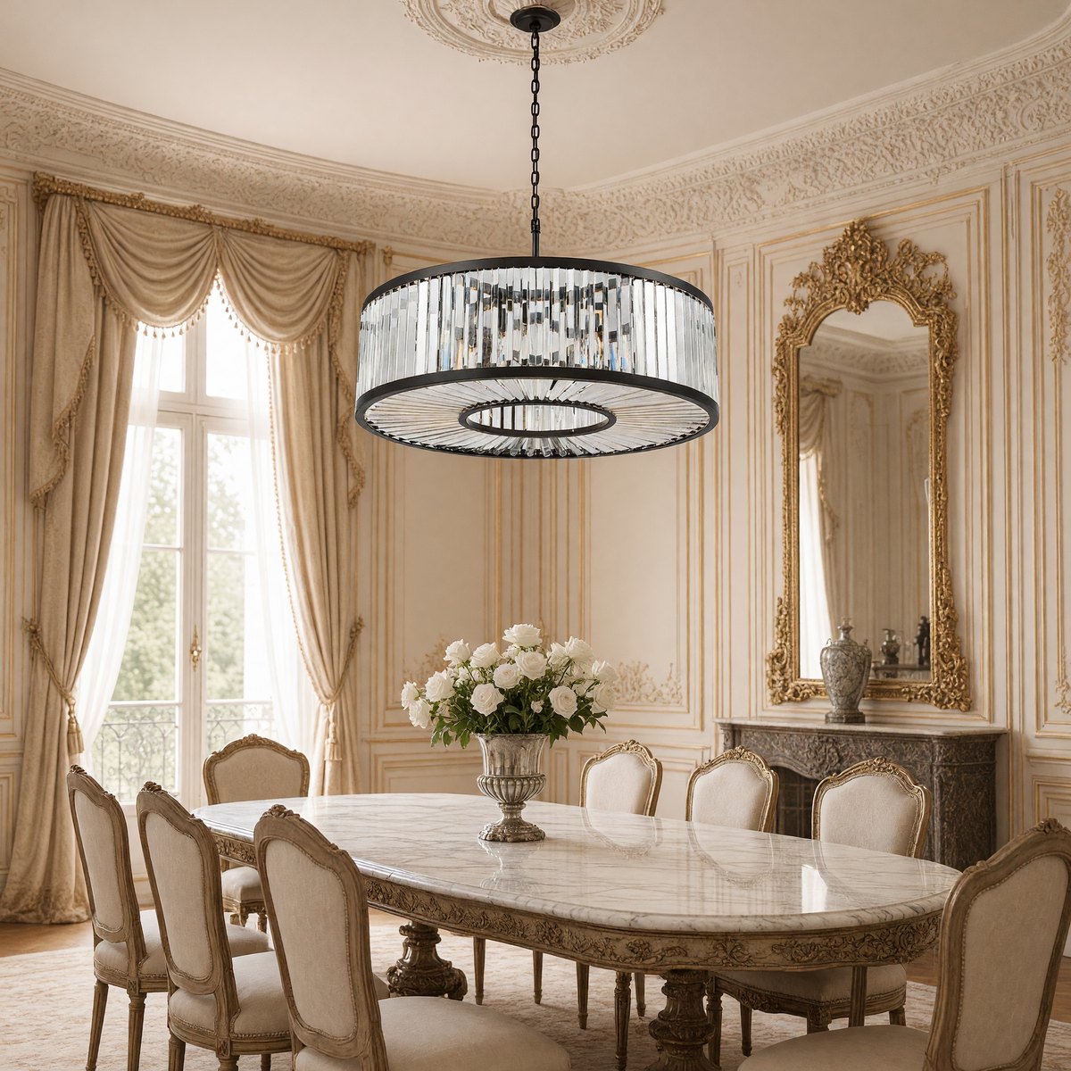 Palacial crystal drum chandelier above a marble dining table in a Louis XVI dining room