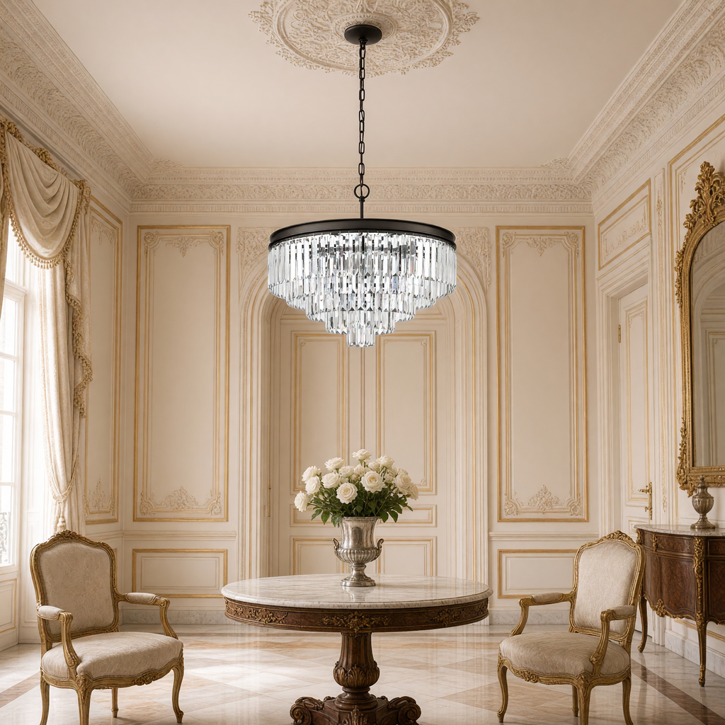 Palacial Cascading chandelier above a round marble table in a French entrance hall